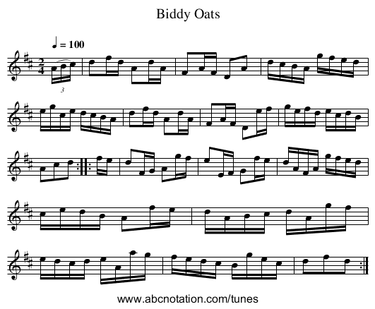 Biddy Oats - staff notation