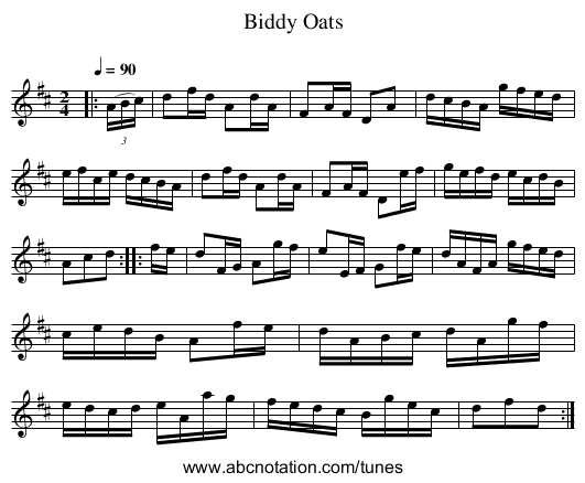 Biddy Oats - staff notation