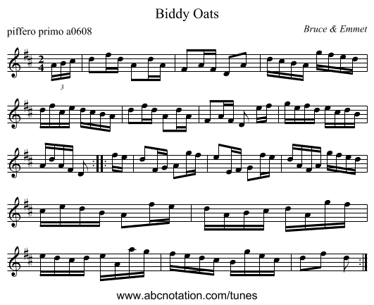 Biddy Oats - staff notation