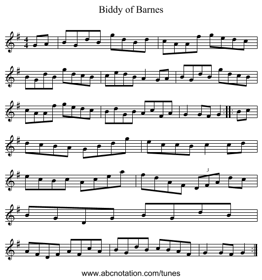 Biddy of Barnes - staff notation