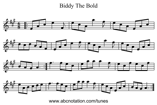 Biddy The Bold - staff notation