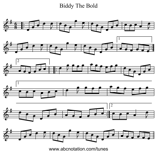 Biddy The Bold - staff notation