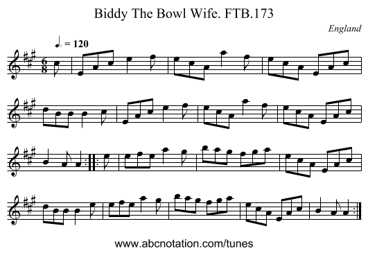 Biddy The Bowl Wife. FTB.173 - staff notation