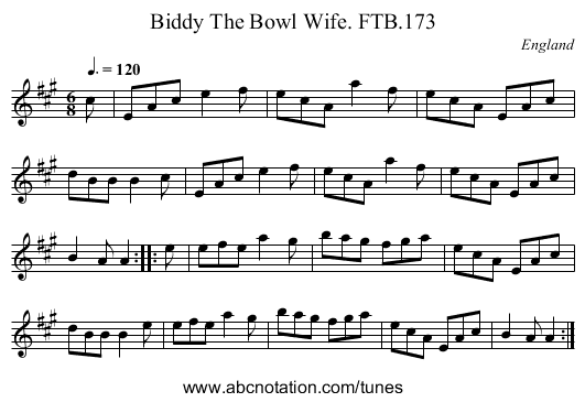 Biddy The Bowl Wife. FTB.173 - staff notation