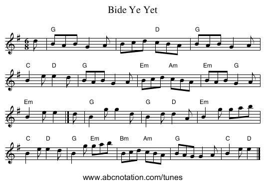 Bide Ye Yet - staff notation