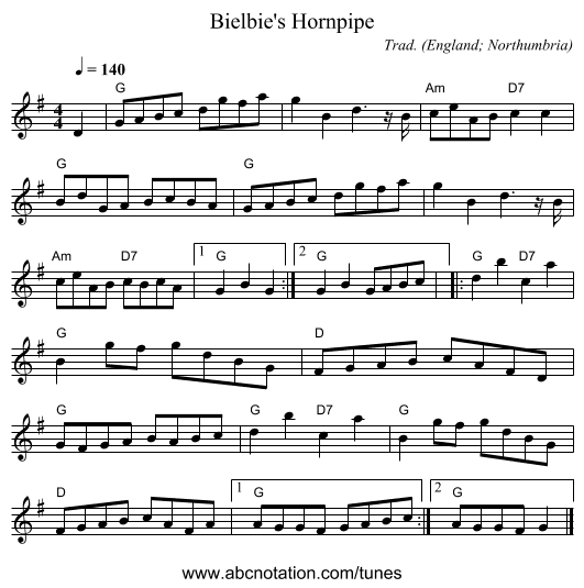 Bielbie's Hornpipe - staff notation