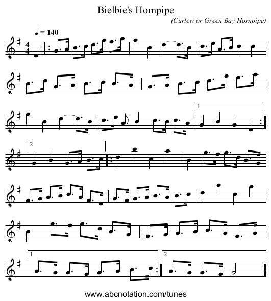 Bielbie's Hornpipe - staff notation