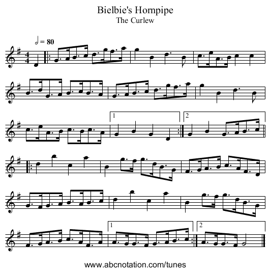 Bielbie's Hornpipe - staff notation