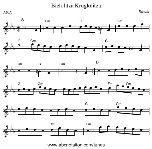 Bielolitza Kruglolitza - staff notation