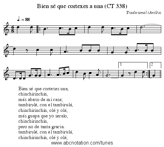 Bien sé que cortexes a una (CT 338) - staff notation