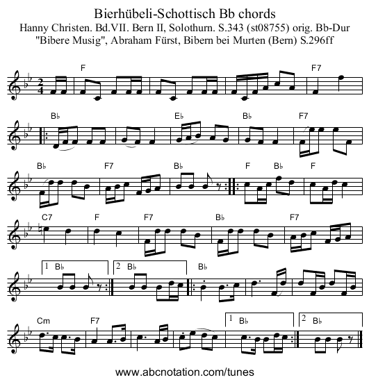 Bierh&uuml;beli-Schottisch Bb chords - staff notation