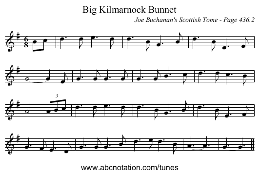 Big Kilmarnock Bunnet - staff notation