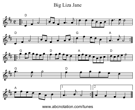 Big Liza Jane - staff notation