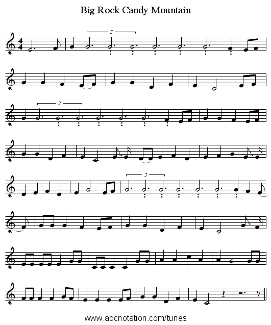 Big Rock Candy Mountain - staff notation
