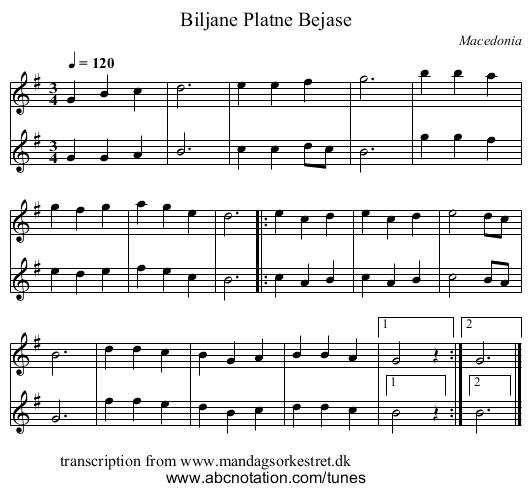 Biljane Platne Bejase - staff notation
