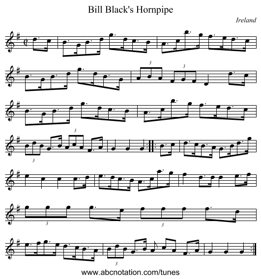 Bill Black's Hornpipe - staff notation