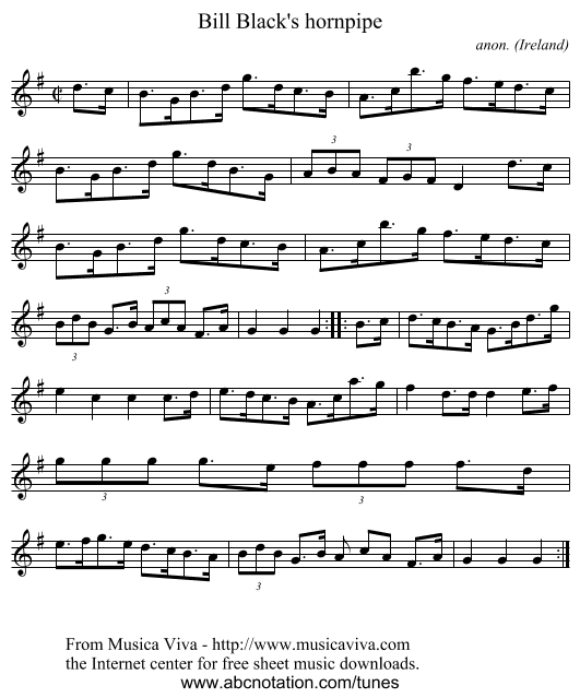 Bill Black's hornpipe - staff notation