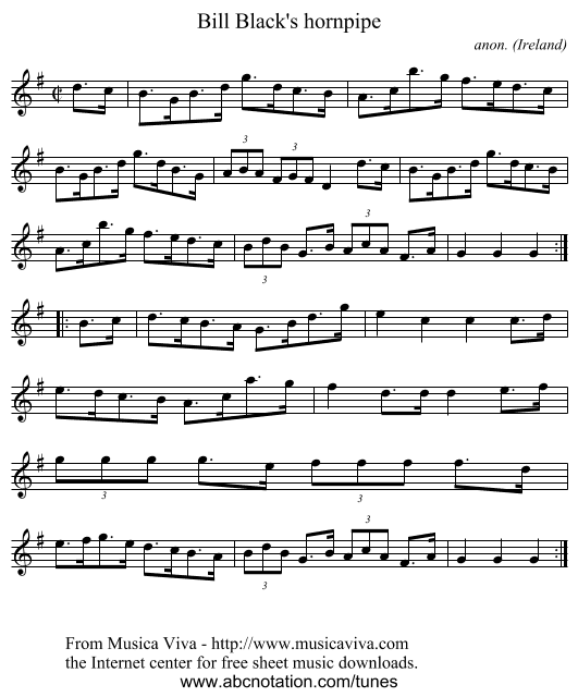 Bill Black's hornpipe - staff notation