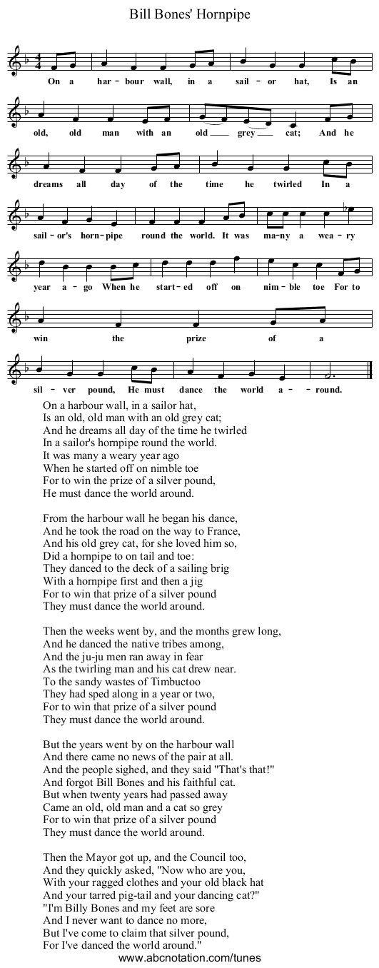 Bill Bones' Hornpipe - staff notation