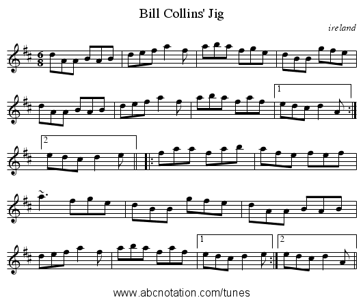 Bill Collins' Jig - staff notation