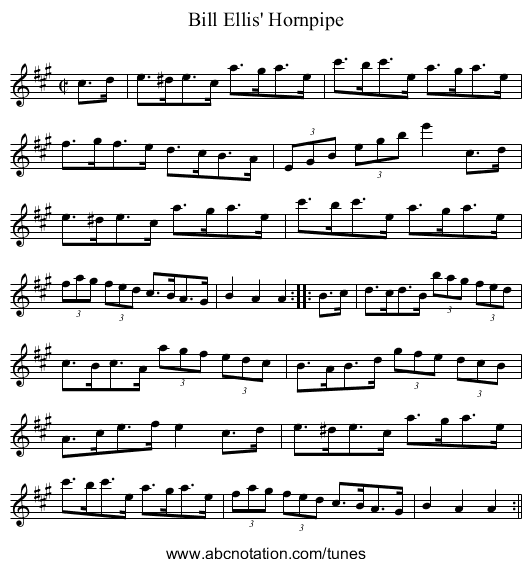 Bill Ellis' Hornpipe - staff notation