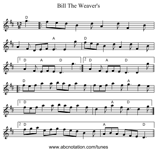 Bill The Weaver's - staff notation