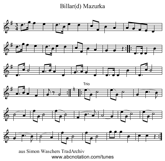 Billar(d) Mazurka - staff notation