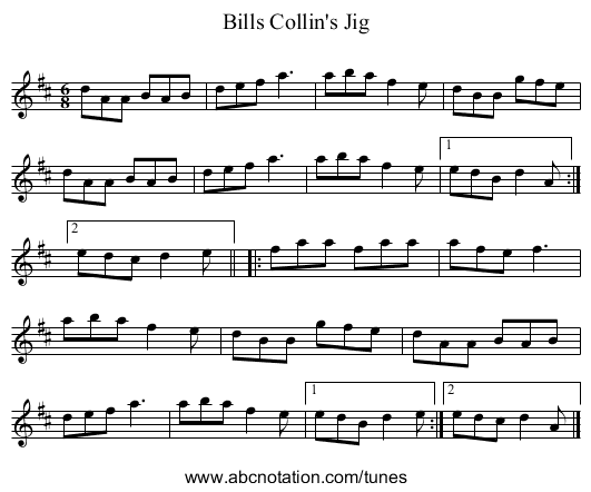Bills Collin's Jig - staff notation
