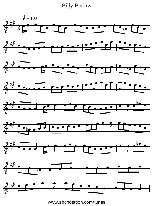 Billy Barlow - staff notation