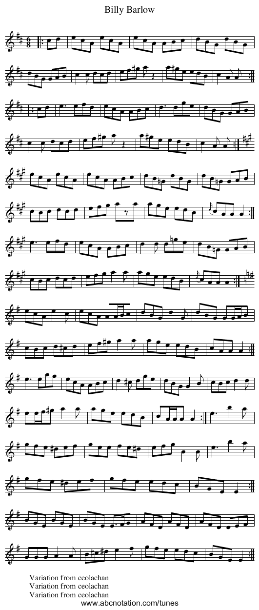 Billy Barlow - staff notation