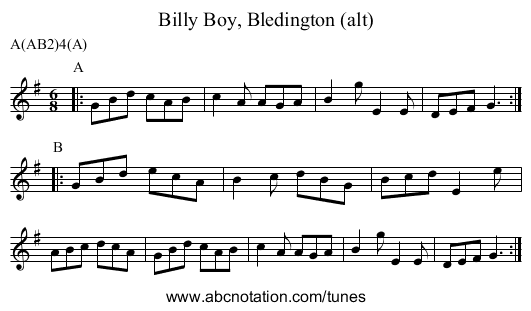 Billy Boy, Bledington (alt) - staff notation