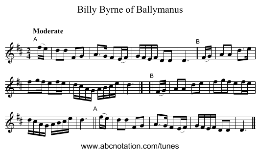 Billy Byrne of Ballymanus - staff notation