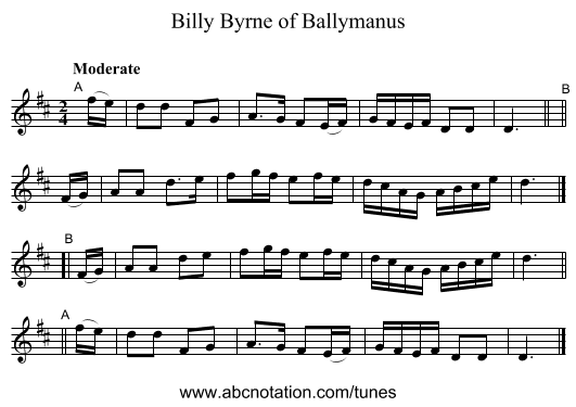 Billy Byrne of Ballymanus - staff notation