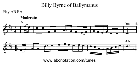 Billy Byrne of Ballymanus - staff notation