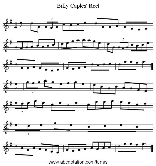 Billy Caples' Reel - staff notation