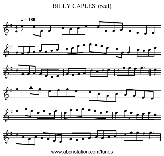 BILLY CAPLES' (reel) - staff notation