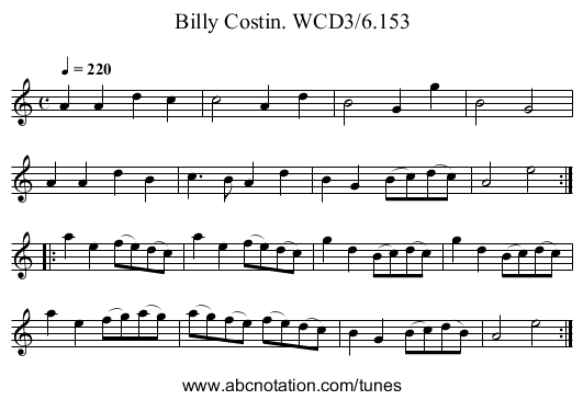 Billy Costin. WCD3/6.153 - staff notation