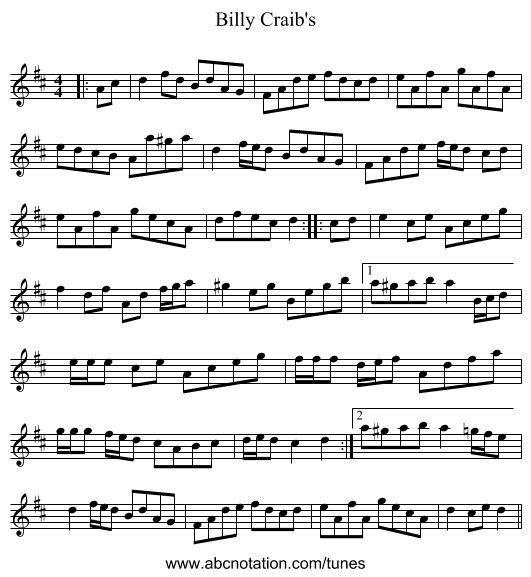 Billy Craib's - staff notation