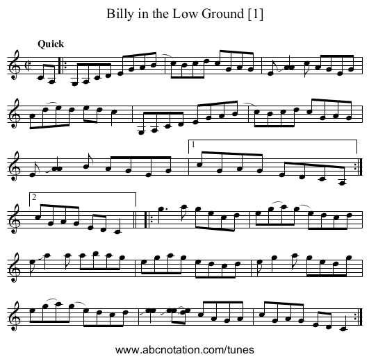 Billy in the Low Ground [1] - staff notation