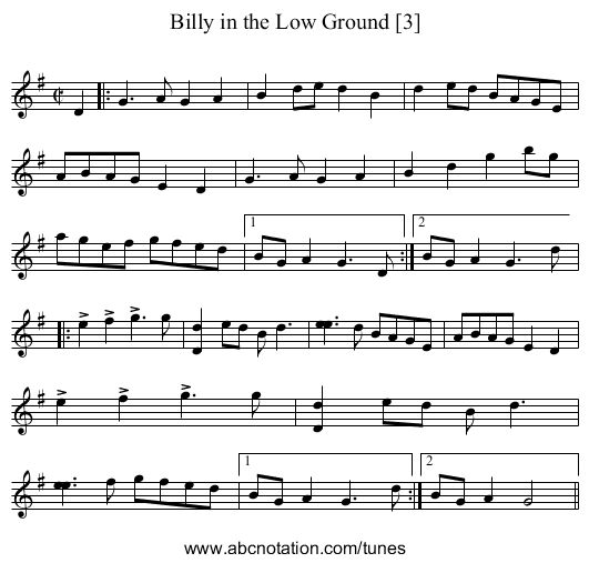 Billy in the Low Ground [3] - staff notation