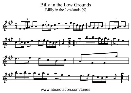 Billy in the Low Grounds - staff notation