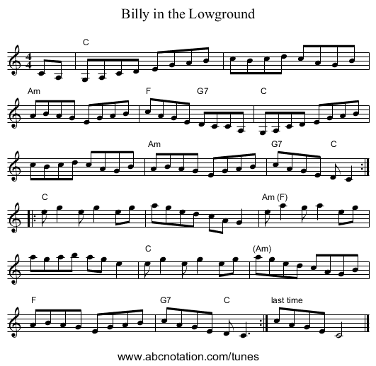 Billy in the Lowground - staff notation