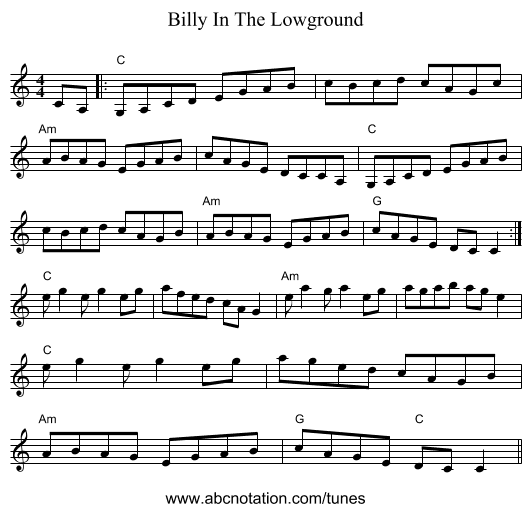 Billy In The Lowground - staff notation