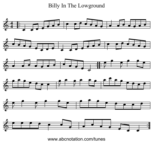 Billy In The Lowground - staff notation