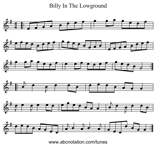 Billy In The Lowground - staff notation