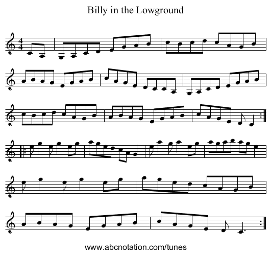 Billy in the Lowground - staff notation