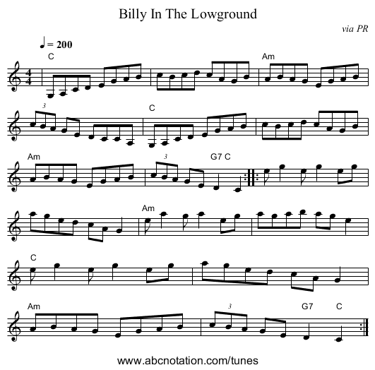 Billy In The Lowground - staff notation