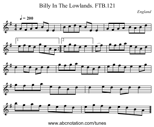 Billy In The Lowlands. FTB.121 - staff notation