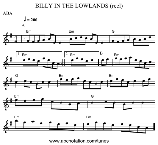 BILLY IN THE LOWLANDS (reel) - staff notation