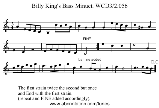 Billy King's Bass Minuet. WCD3/2.056 - staff notation